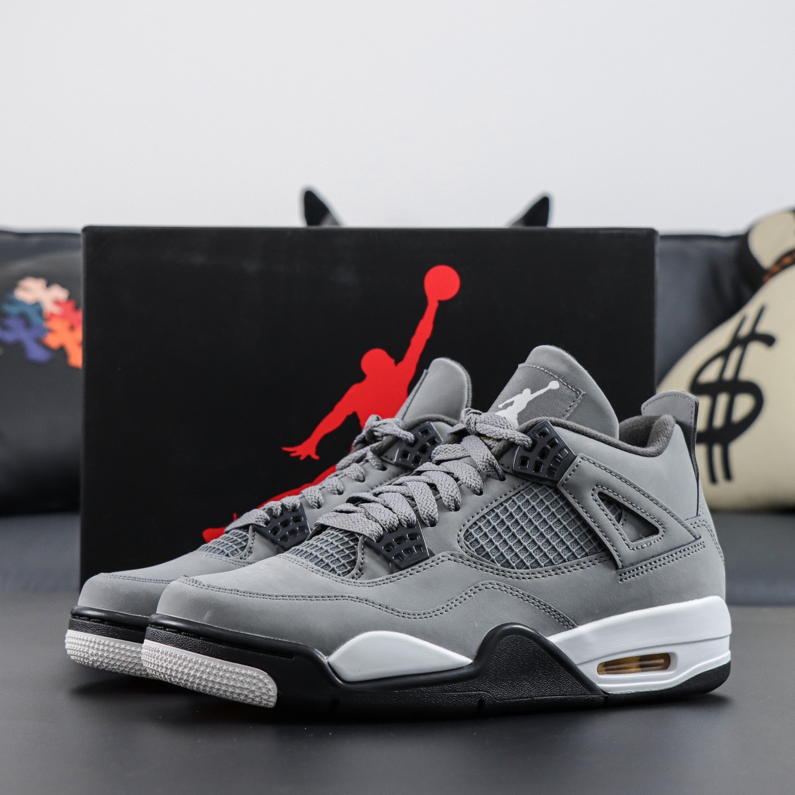 Jordan 4 Cool Grey reps with shoebox and chrome Jumpman branding