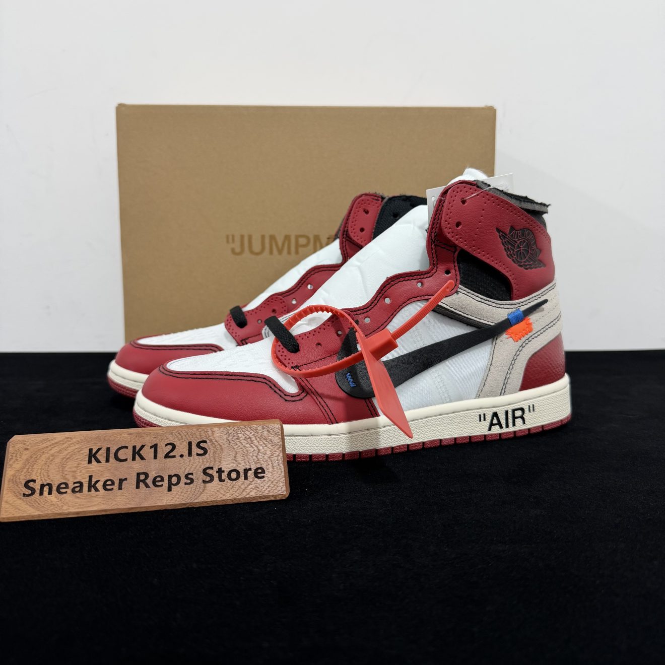 Jordan 1 Off White Chicago Reps with box displayed on table