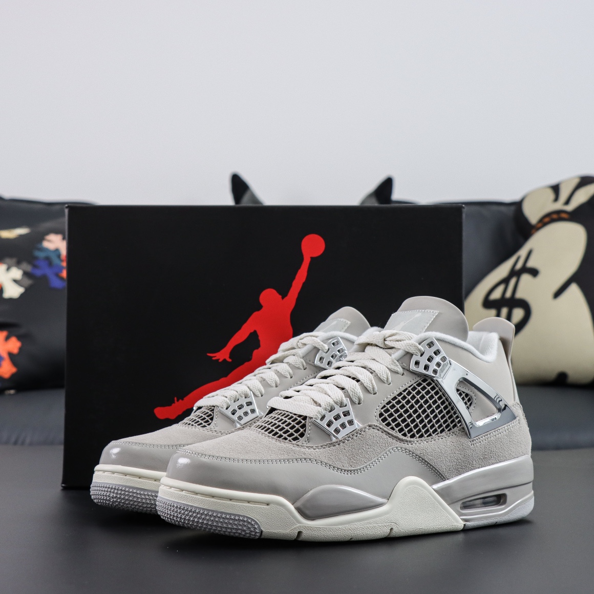 Jordan 4 Frozen Moments reps with shoebox and light grey suede upper