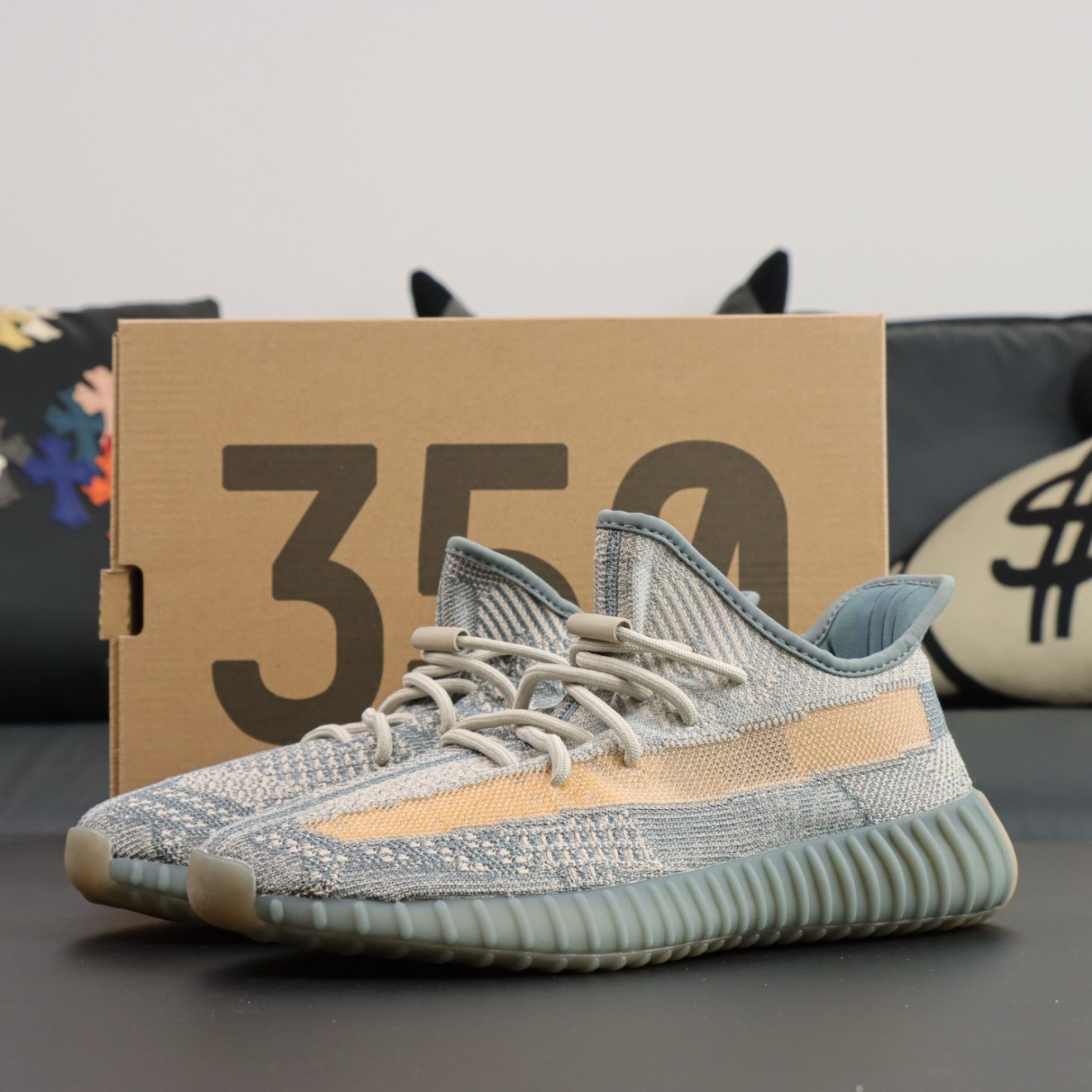 Yeezy 350 Israfil reps with grey-blue Primeknit upper and original box