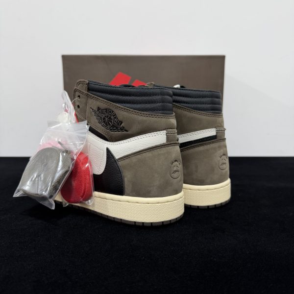Rear angle view of Travis Scott Jordan 1 High Mocha Reps showing heel structure