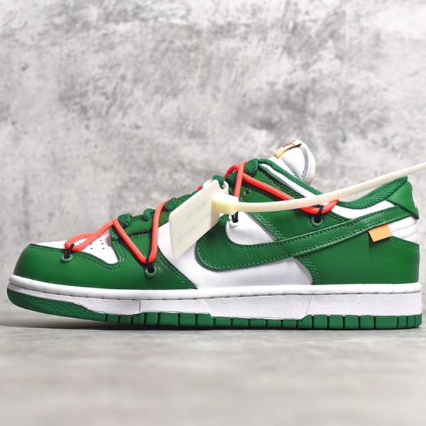 Outside view showing Helvetica text on Pine Green Off White Dunk