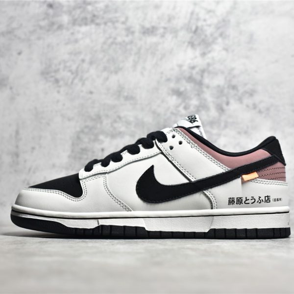 Outside view of Initial D Dunks with black leather overlays