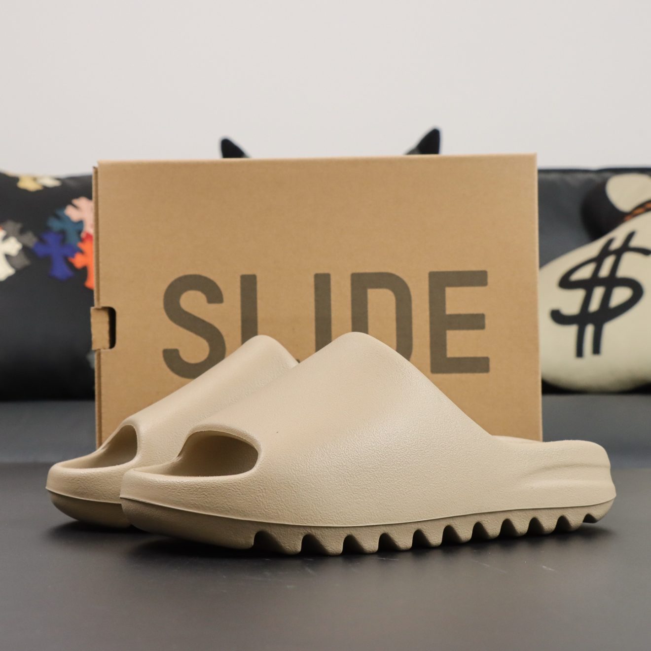 Yeezy Slide Pure reps with beige EVA foam and original box