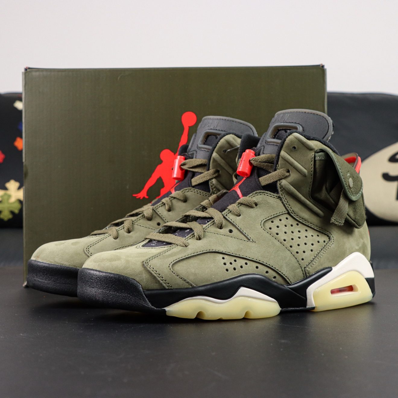 Travis Scott Jordan 6 Medium Olive Reps with Travis Scott-style box