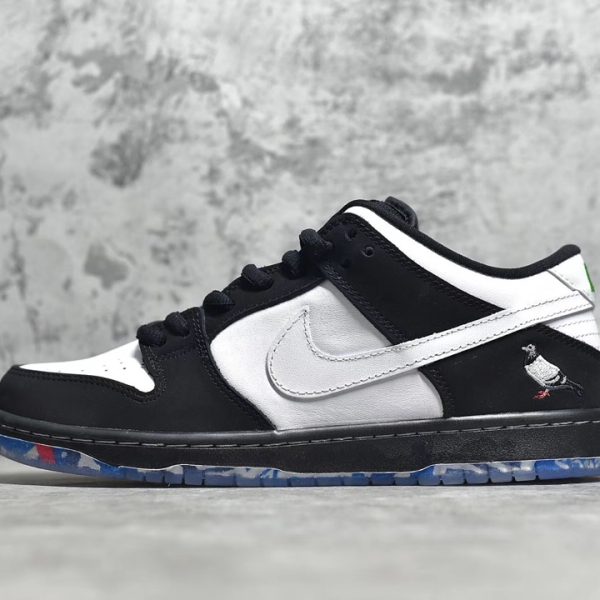 outside view of Panda Pigeon SB Dunk showing color contrast