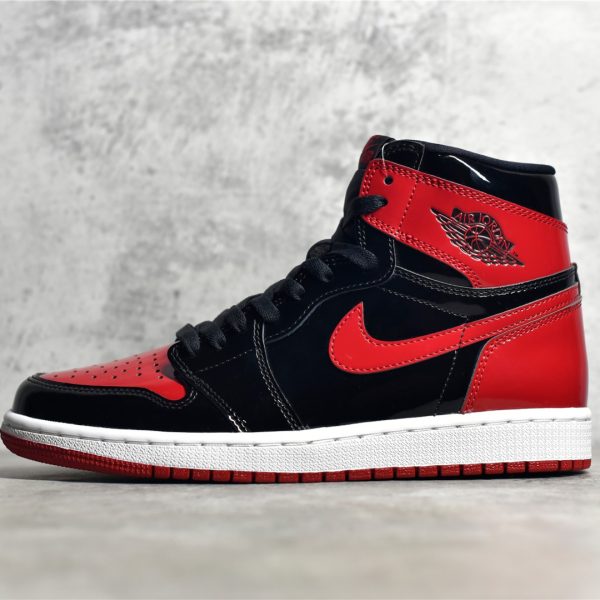 outside view of Jordan 1 Patent Bred reps with classic color layout