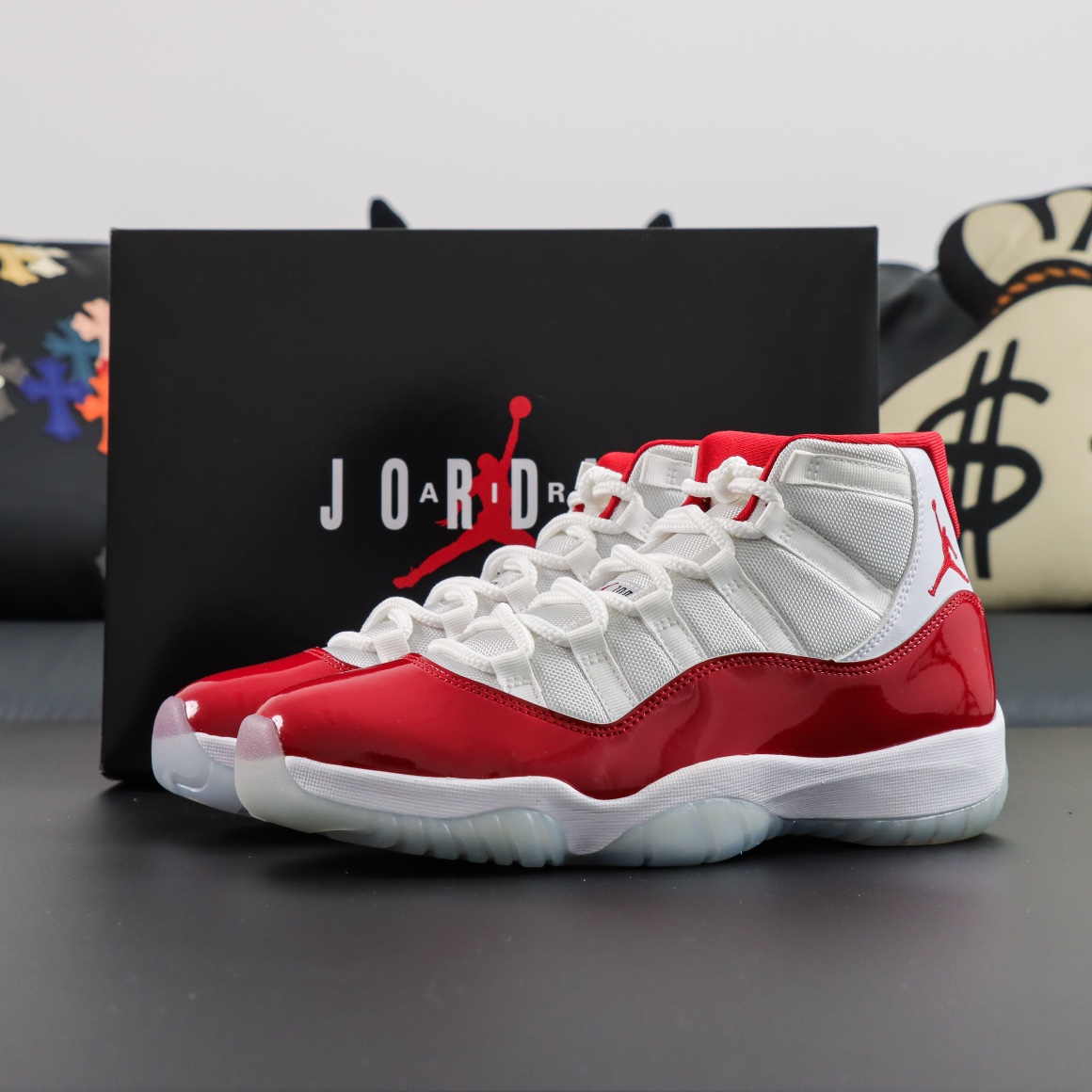 Jordan 11 Cherry reps with varsity red patent leather and box