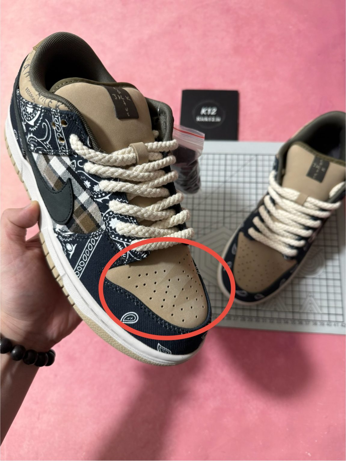 Close-up of beige suede upper on Travis Scott Dunk Jackboys replica