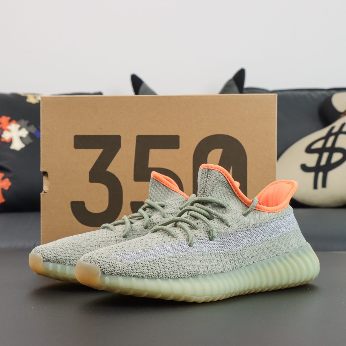 Yeezy 350 Desert Sage reps with sage green upper and orange lining in box