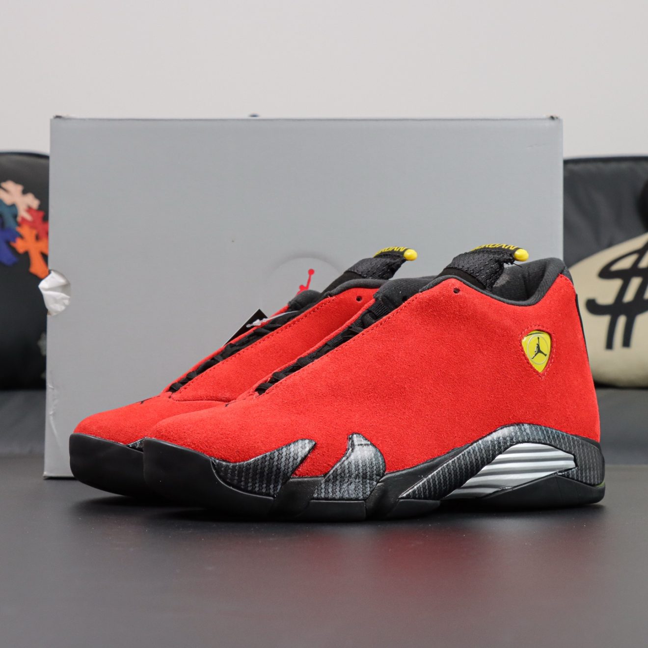Jordan 14 Ferrari Reps with box and bright Varsity Red suede