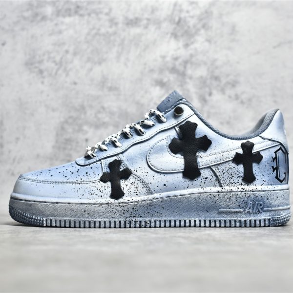 outside view of blue Chrome Heart Air Force 1 with leather and metal cross