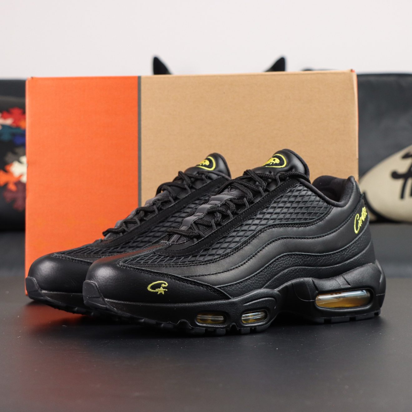 Air Max 95 Corteiz reps with retail-style box and yellow gradient upper