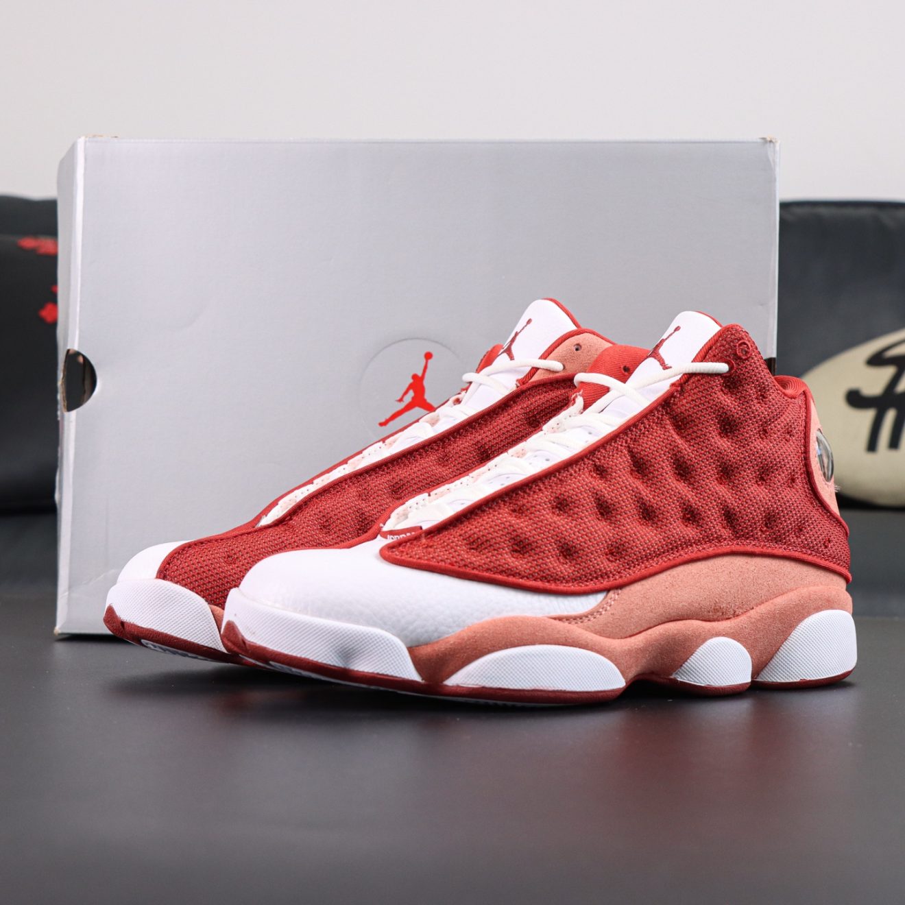 Jordan 13 Dune Red Reps with retail-style box