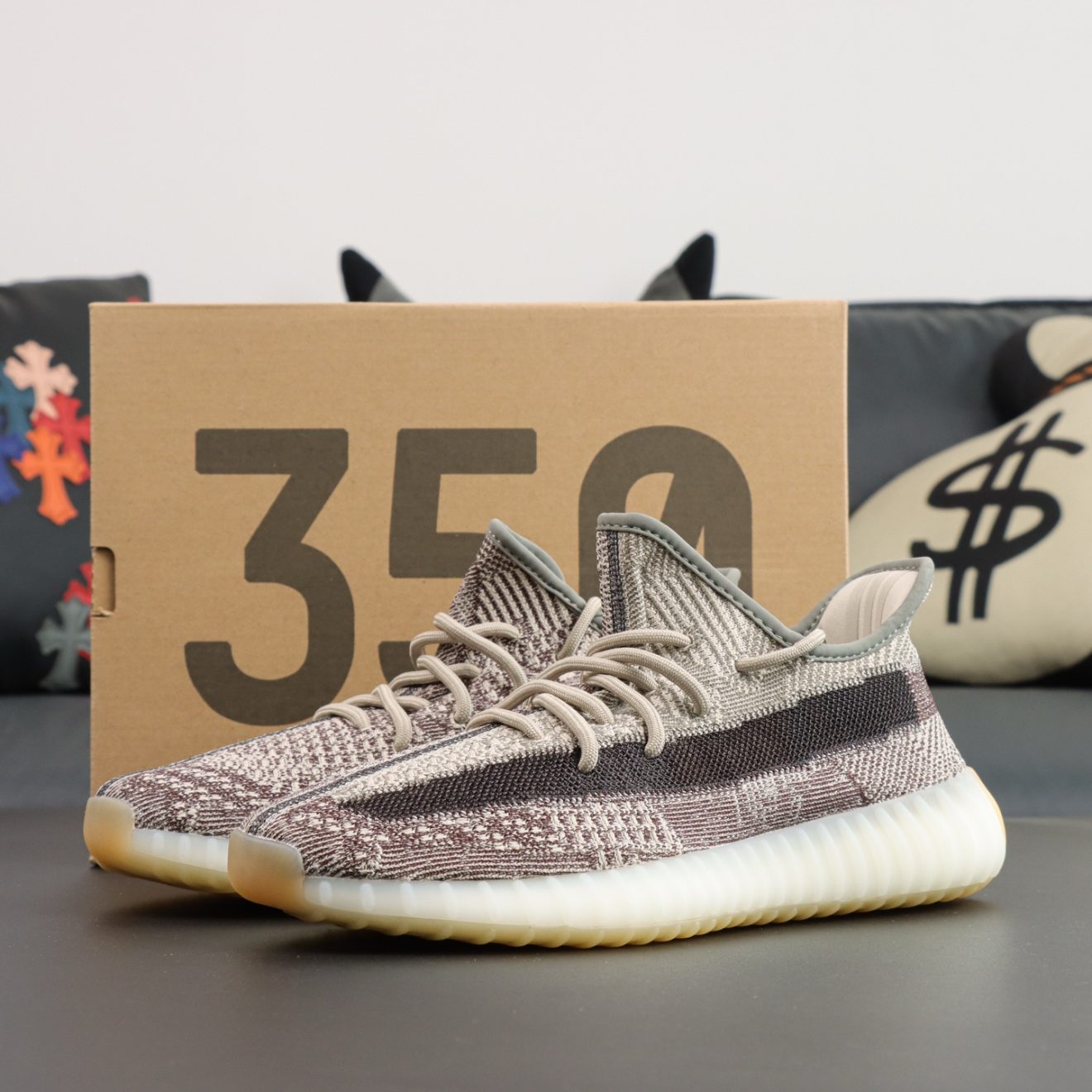 Yeezy 350 Zyon reps with earthy-toned Primeknit upper and original box