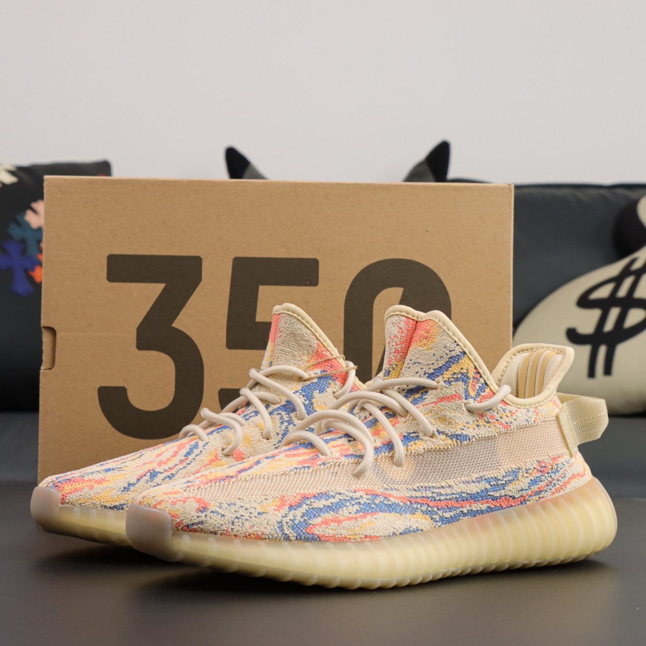 Yeezy 350 MX Oat reps with multicolor swirl upper and box