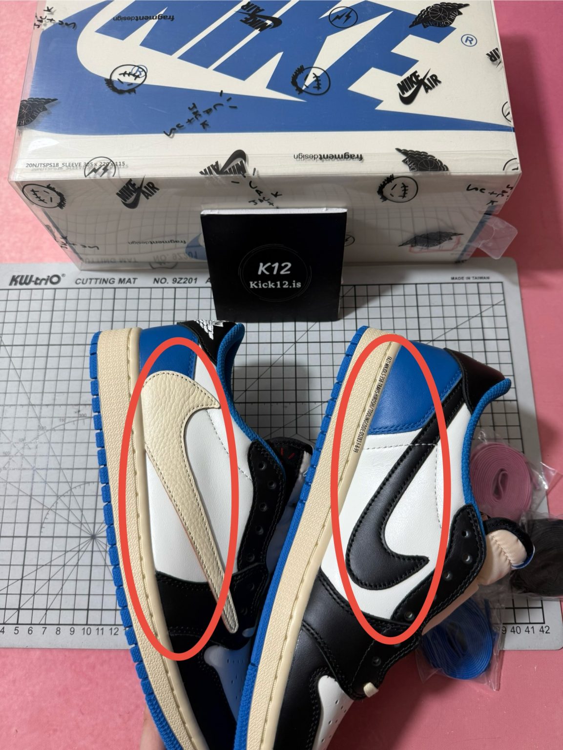 Medial and lateral reversed Swoosh details with premium leather on Travis Scott Fragment Jordan 1 reps