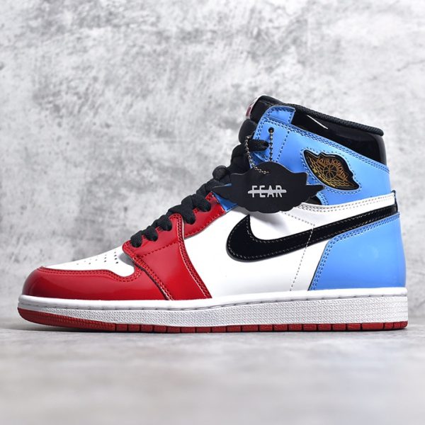 Outside view of Jordan 1 Fearless reps with split color blocking