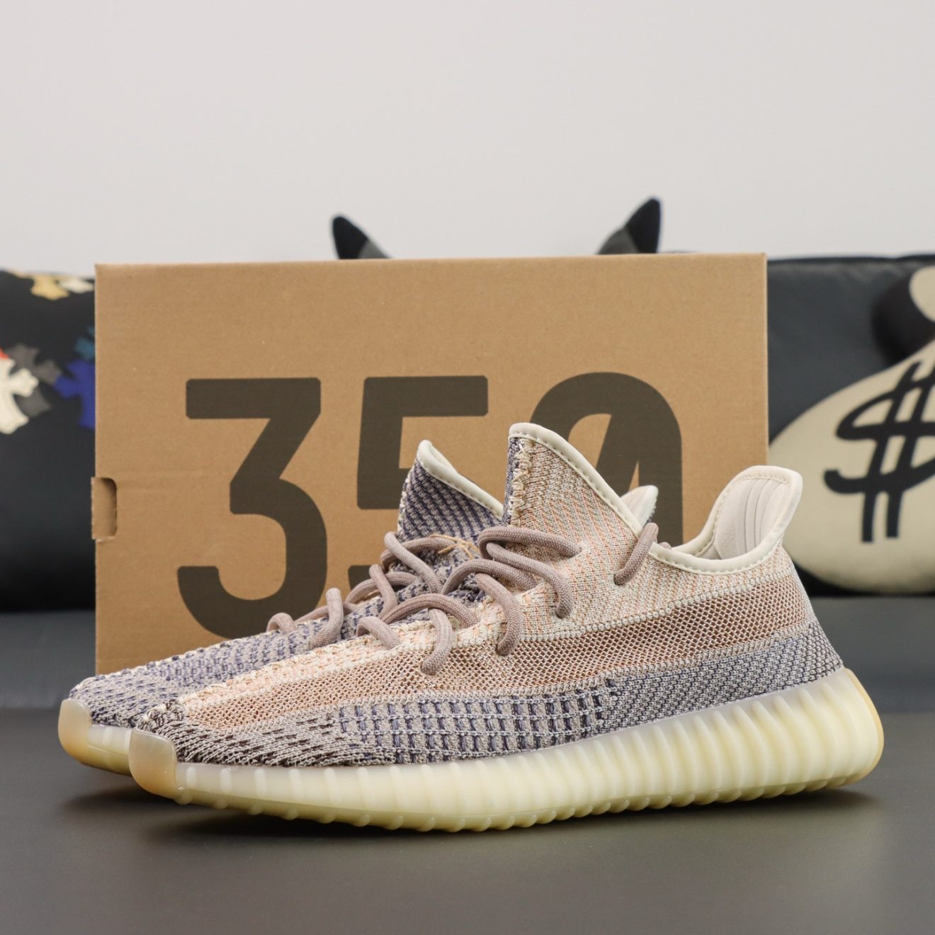 Yeezy 350 Ash Pearl reps with branded box and woven Primeknit upper