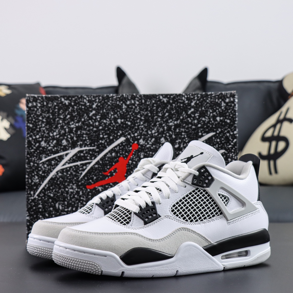 Jordan 4 Military Black reps with shoebox and white leather upper with black accents
