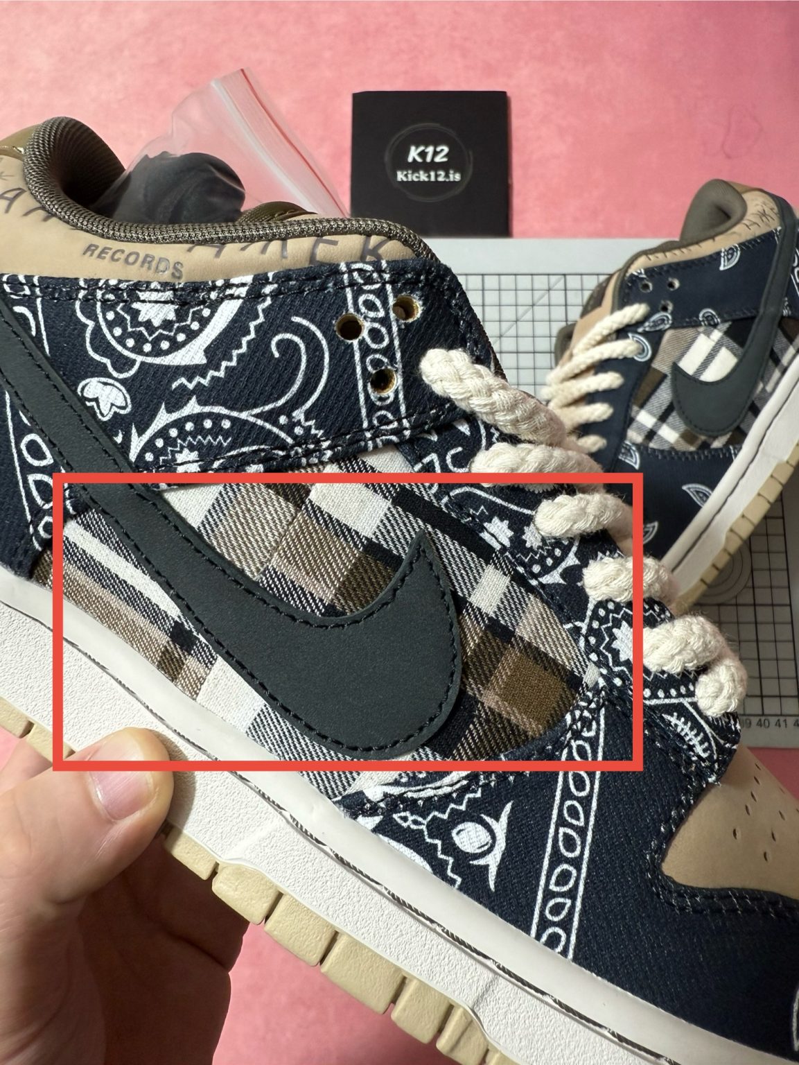 Velvet flannel side panel with irregular plaid pattern on Travis Scott Dunk reps