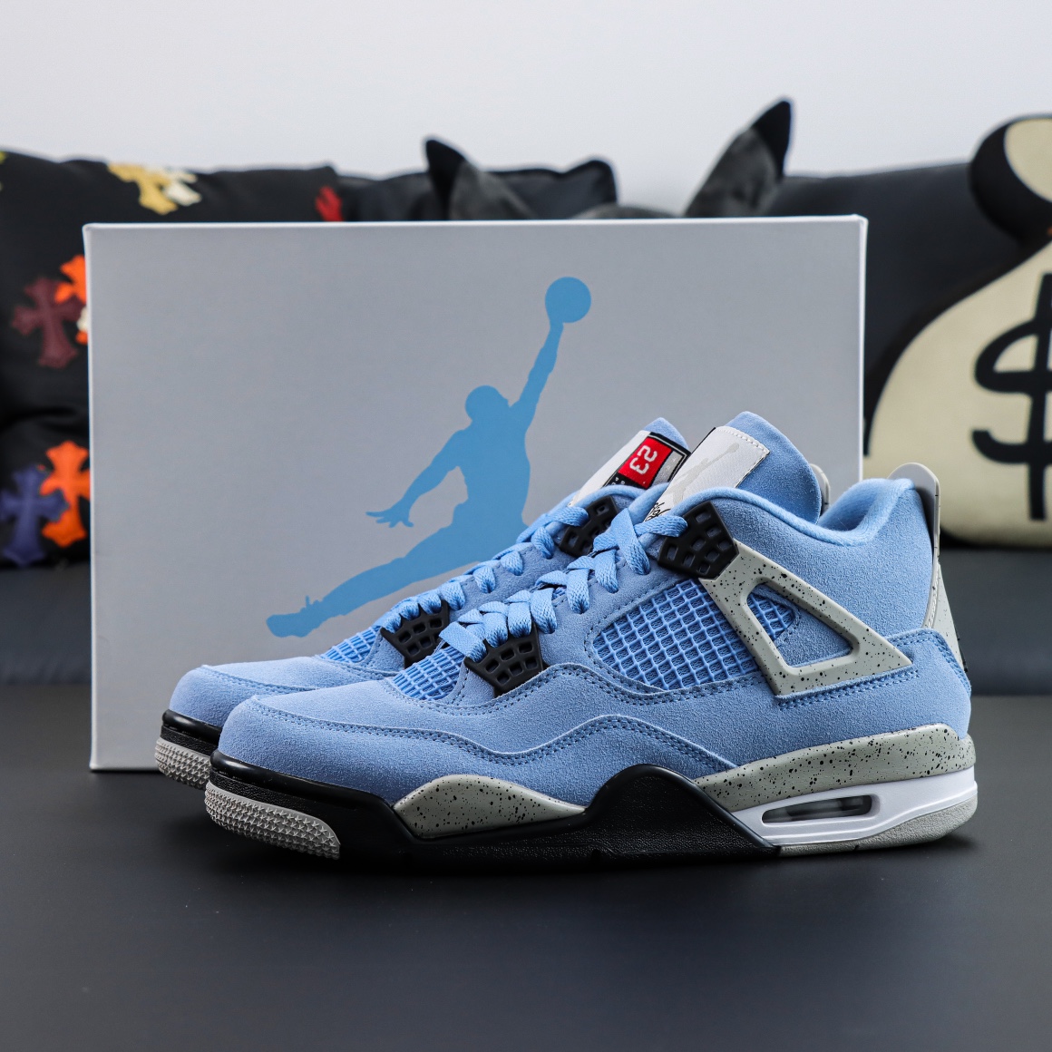 Jordan 4 University Blue reps with shoebox and light blue suede upper