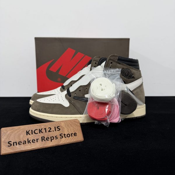 Travis Scott Jordan 1 High Mocha Reps with box displayed on table