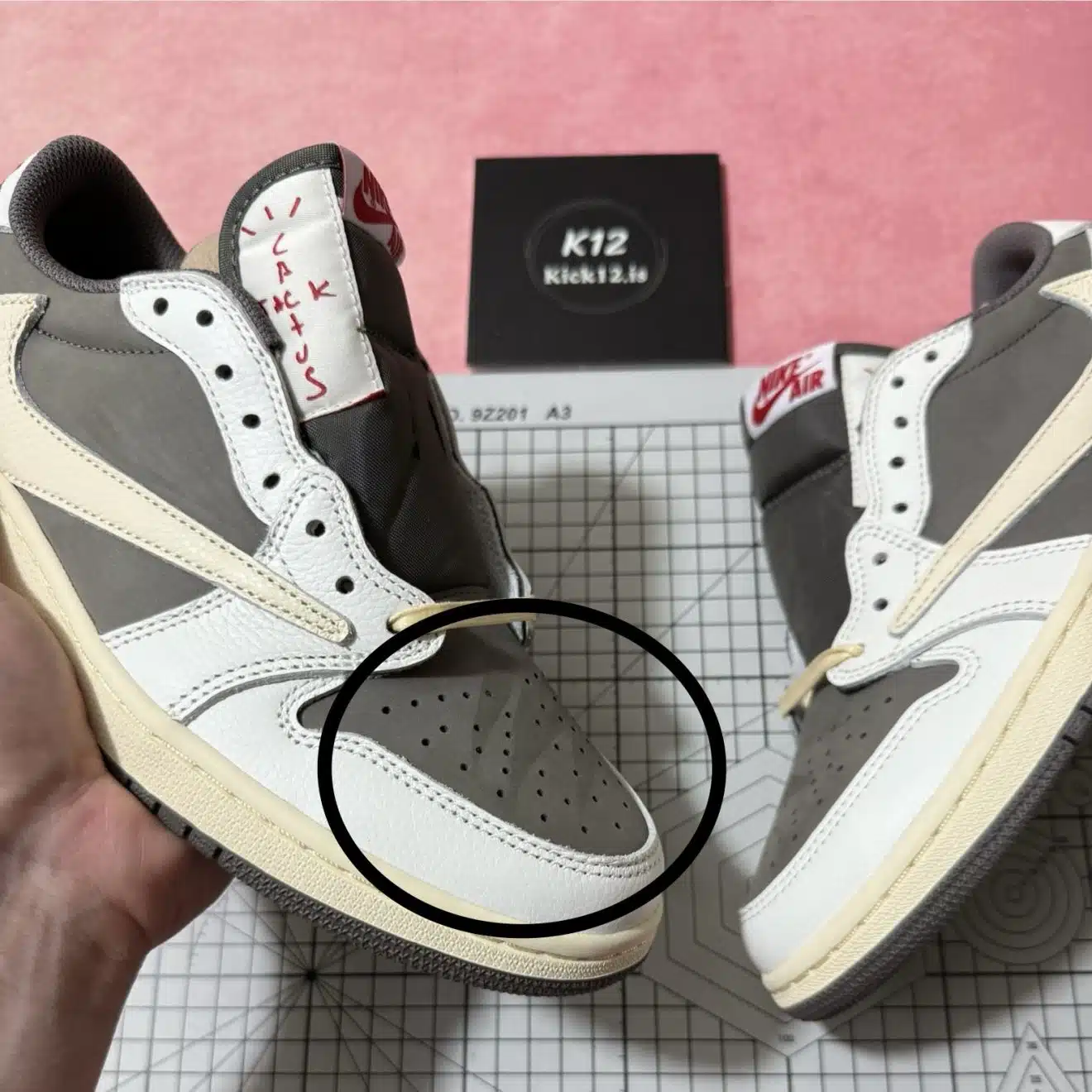 Close-up of brown nubuck suede on Travis Scott Reverse Mocha reps