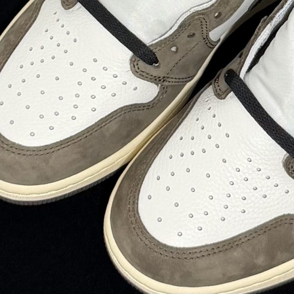 Close-up of toe box on Travis Scott Jordan 1 High Mocha Reps