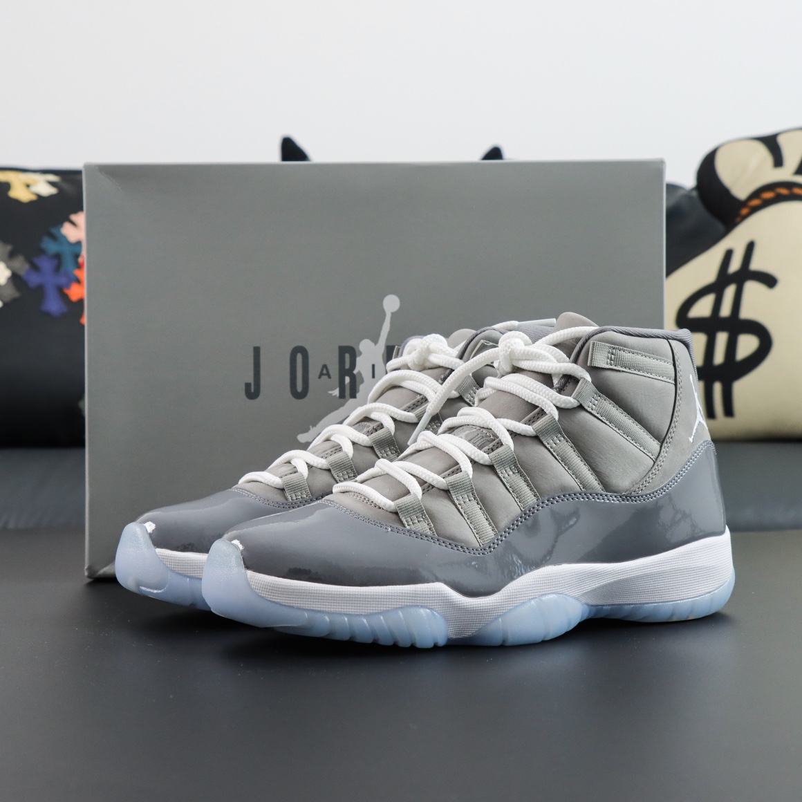 Jordan 11 Cool Grey reps with suede and patent leather in box combo