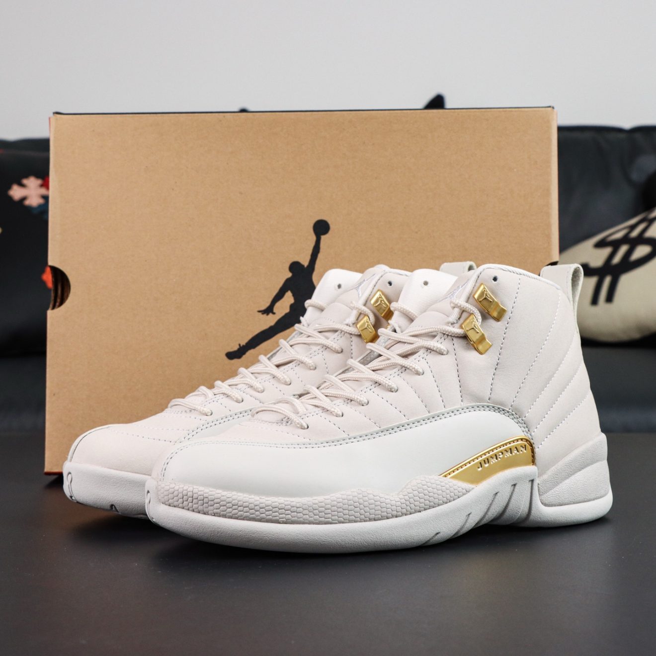 Jordan 12 Phantom reps with retail-style box, cream and light bone leather combination