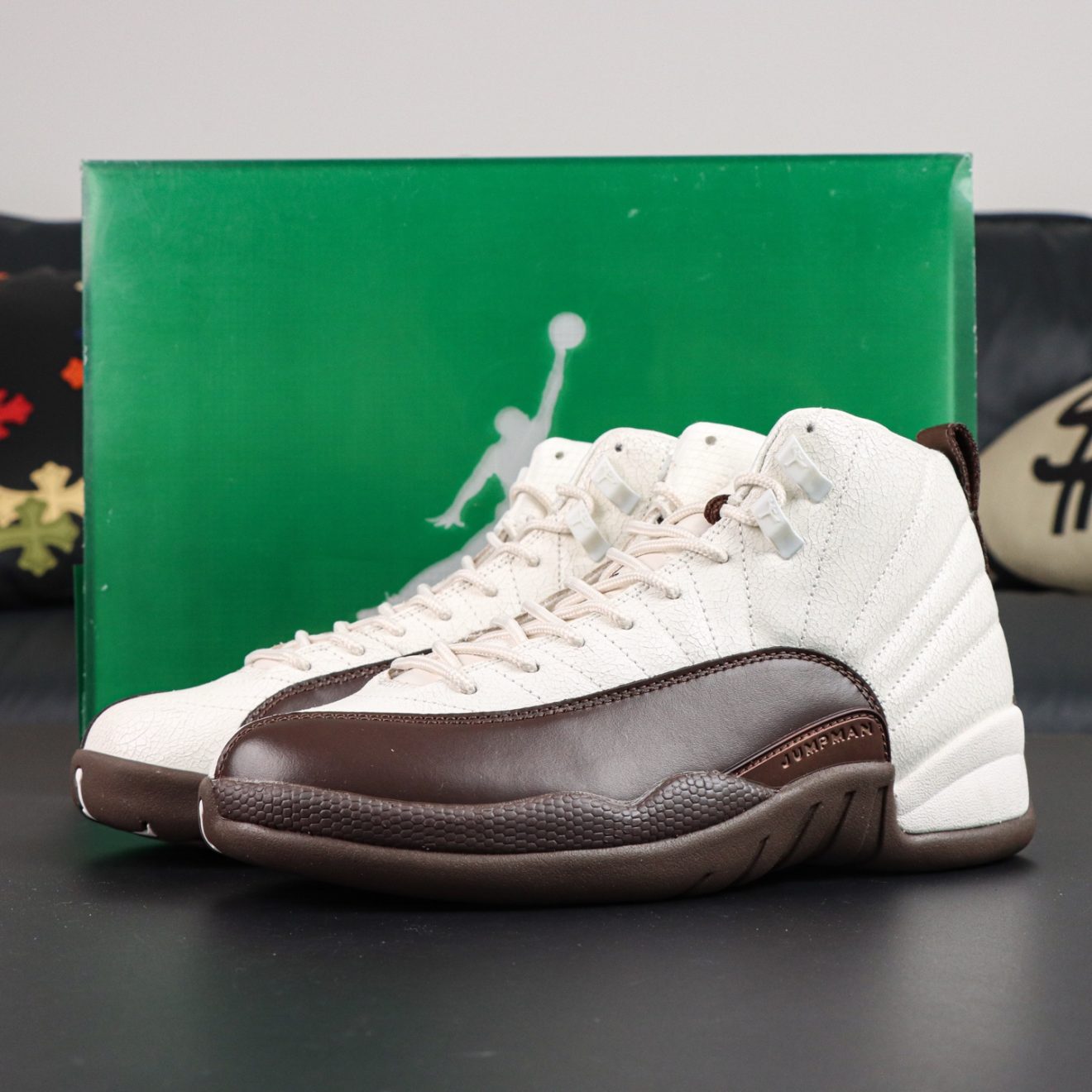 Jordan 12 SoleFly Cafecito reps with retail-style box and mocha suede design