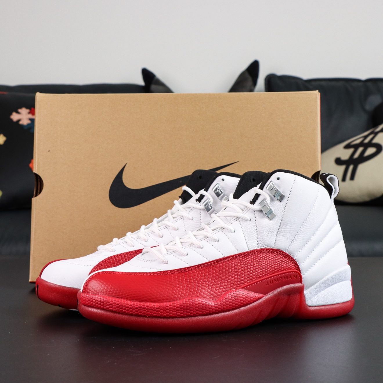 Jordan 12 Cherry 2023 reps with box and red-white OG design