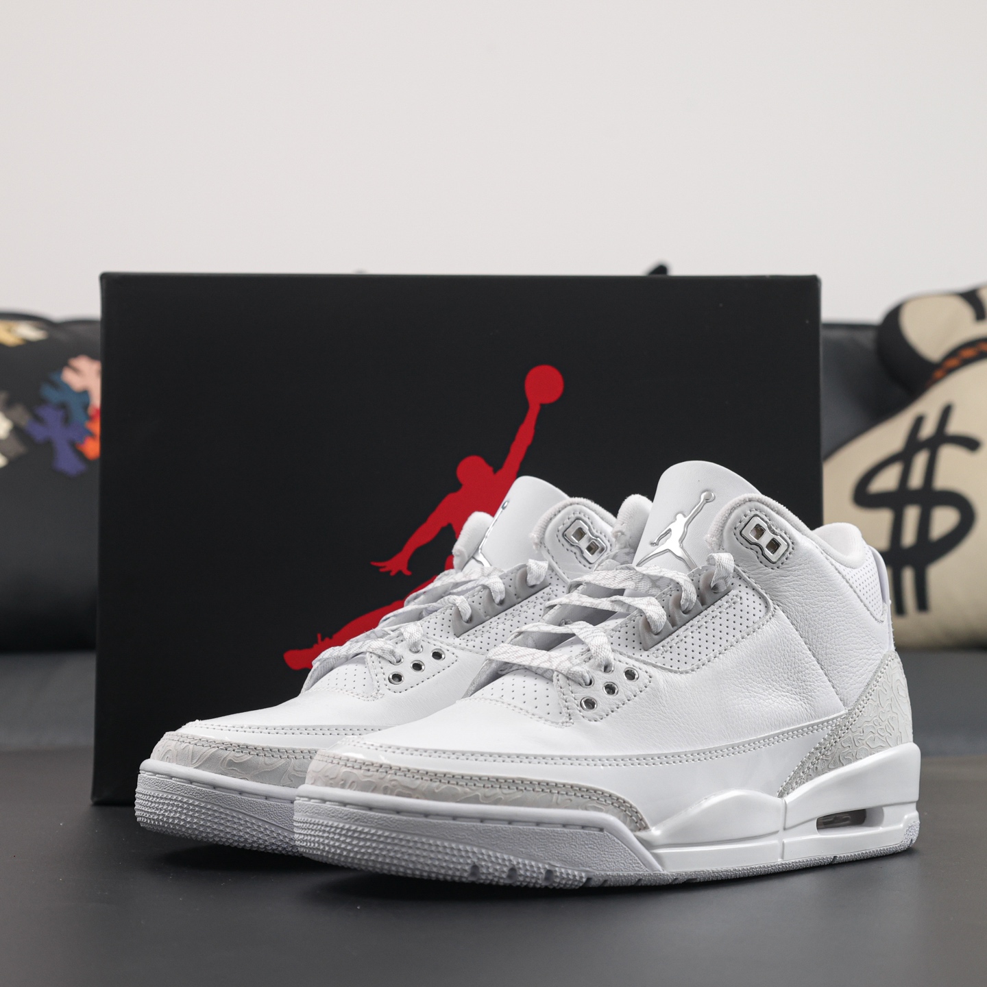 Jordan 3 Pure Money reps with shoebox and chrome Jumpman heel tab