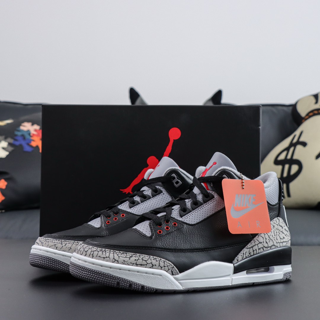 Jordan 3 Black Cement 2024 reps with black leather and shoebox combo
