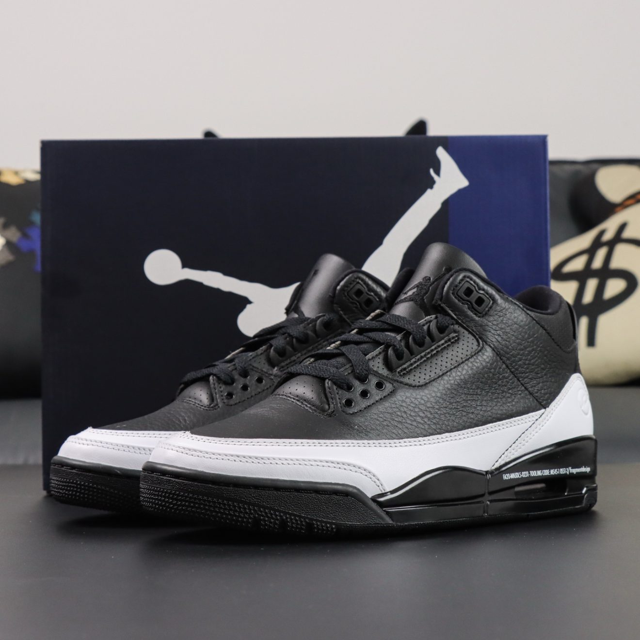Fragment Design Jordan 3 Black White reps with box and black leather upper
