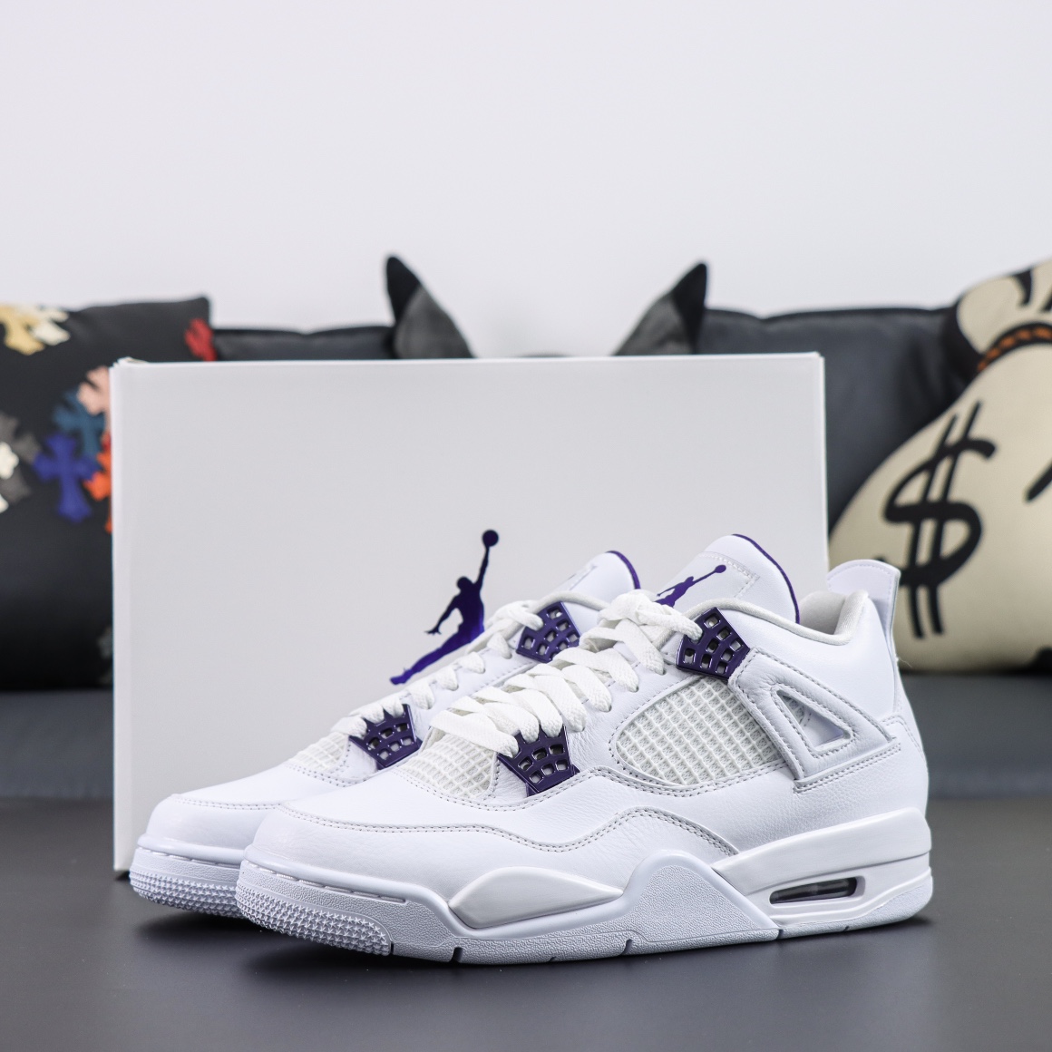 Jordan 4 Metallic Purple reps with shoebox and white leather upper with accents