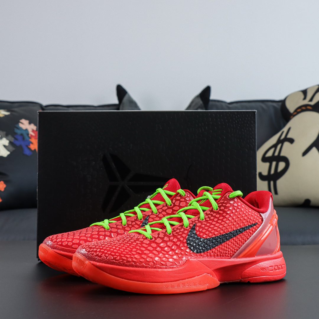 Kobe 6 Reverse Grinch reps with red scaly upper and neon green laces