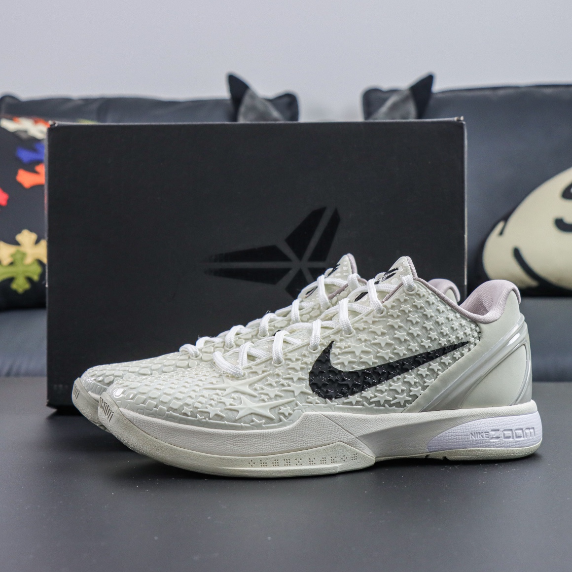 Kobe 6 Sail reps with retail-style box and off-white Protro design