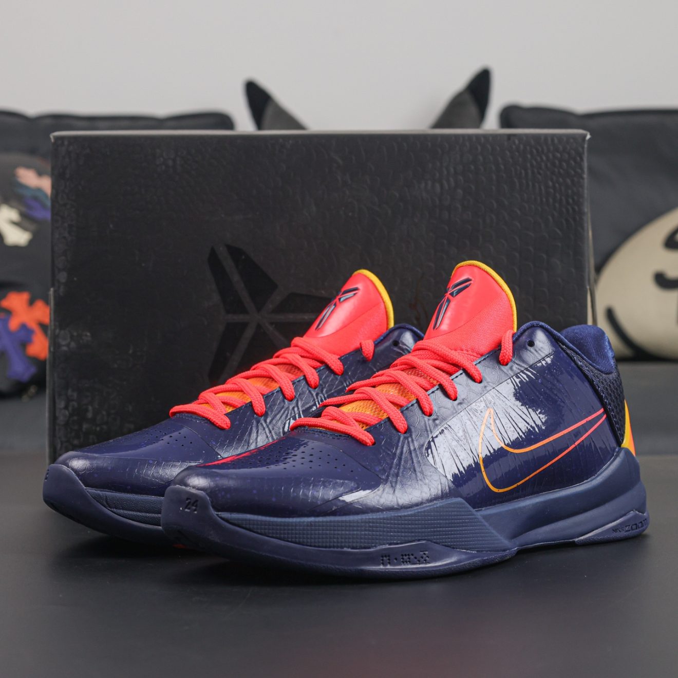 Kobe 5 Indiana Fever reps with retail-style box and red/navy color blocking