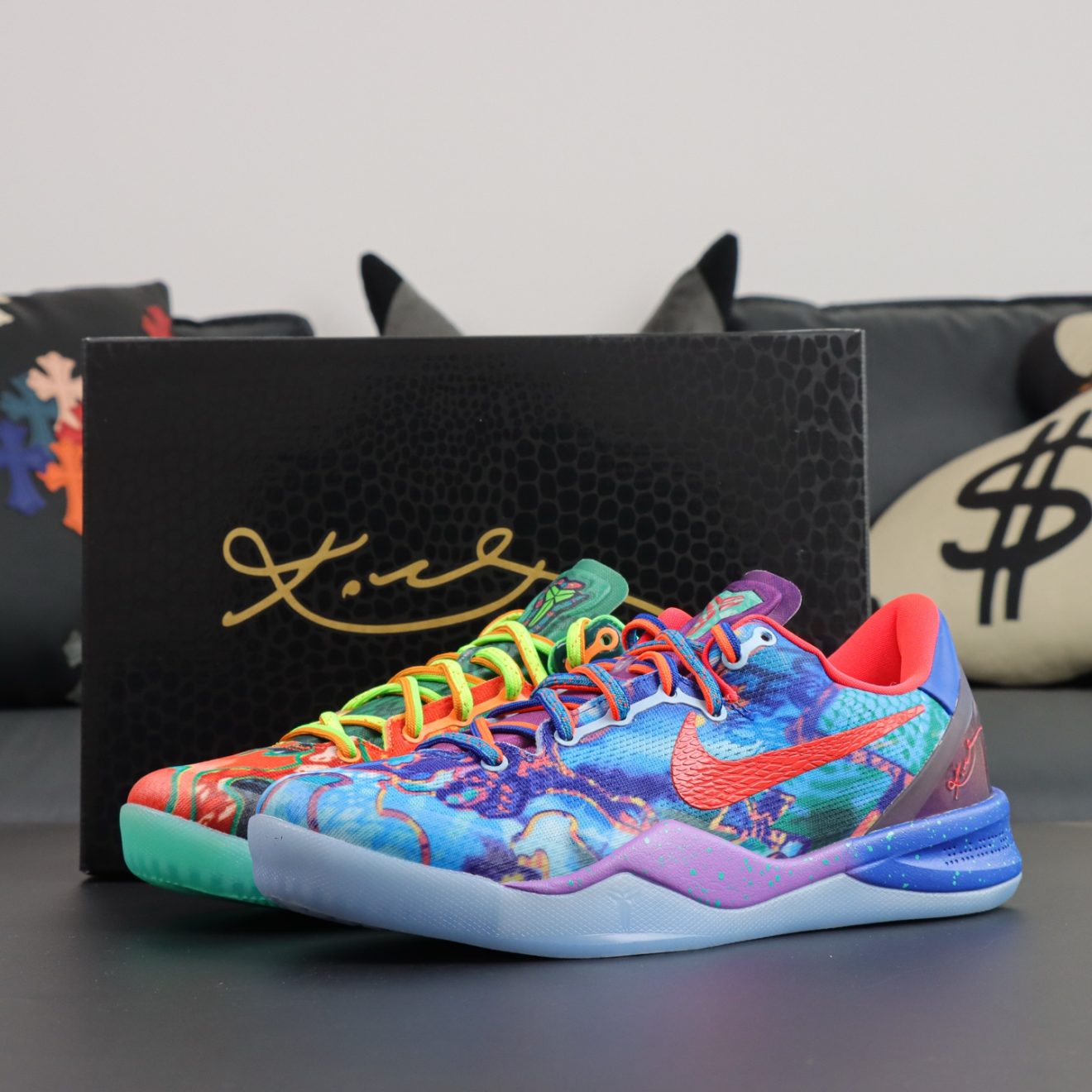 Kobe 8 What The reps with retail-style box and mismatched color design