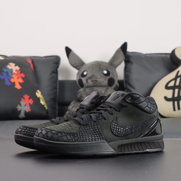 Side view of both Kobe 4 Black Mamba reps with tonal Mamba styling
