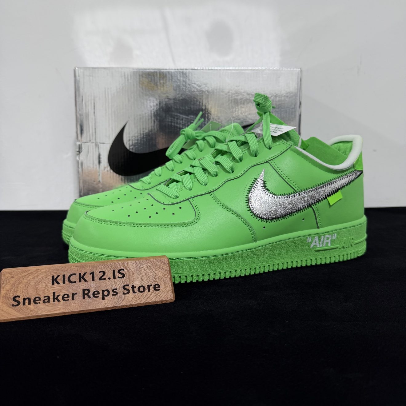 Off White Air Force 1 Green Reps with box displayed on table