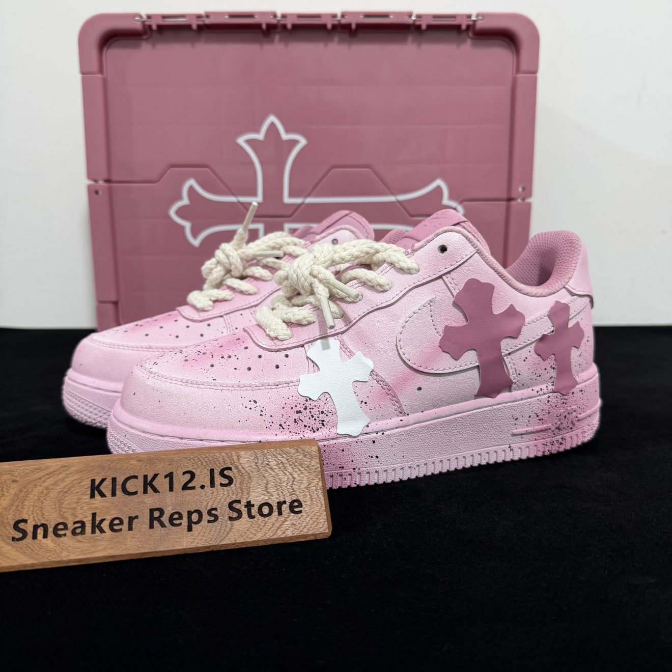 Pink Chrome Hearts Air Force 1 Custom with box displayed on table