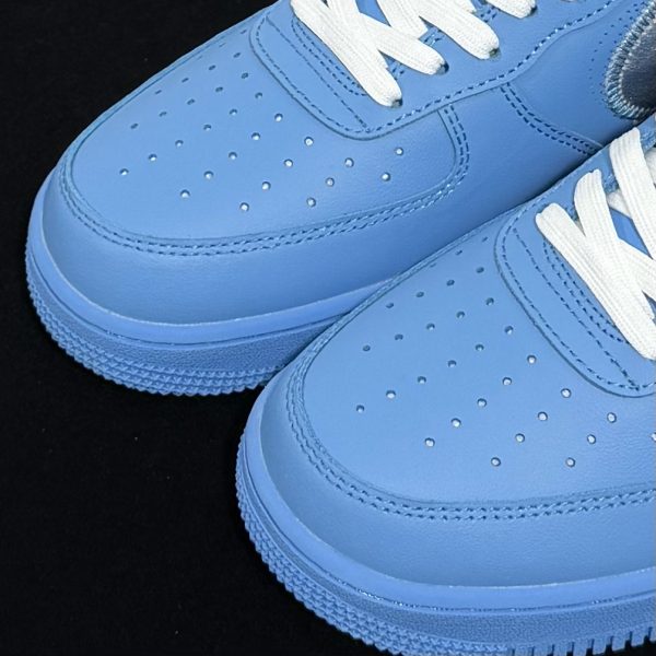 Close-up of toebox on Air Force 1 Off White UNC Blue Reps showing leather texture