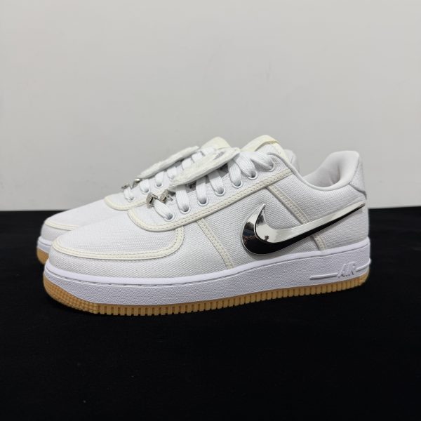 Side view of Travis Scott AF1 Reps with signature Swoosh detail