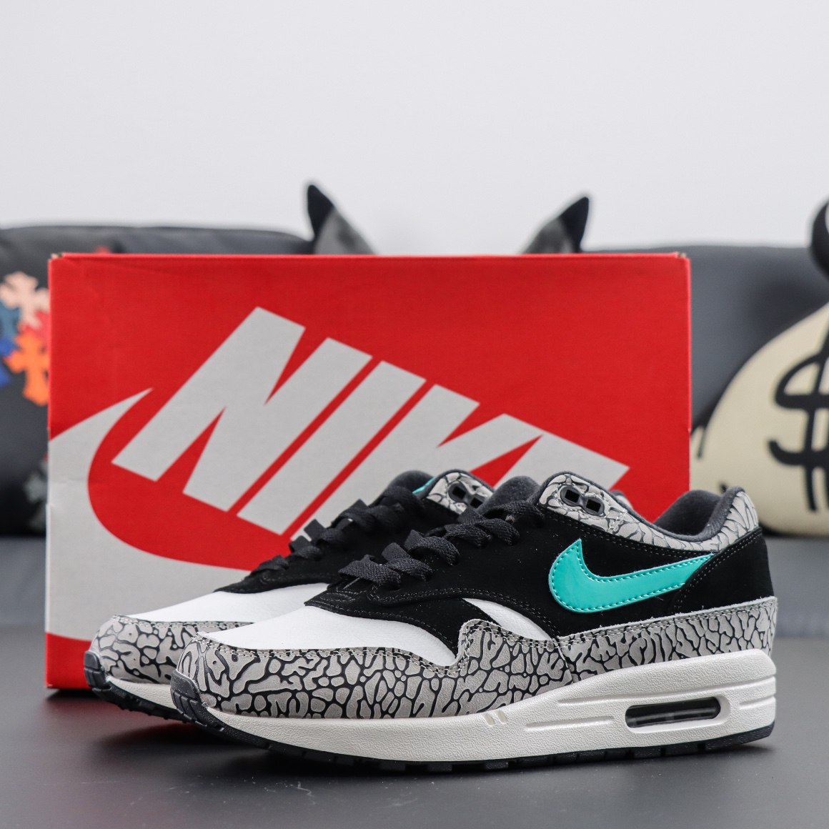 Air Max 1 Elephant Reps with Atmos-branded box and iconic elephant print detailing