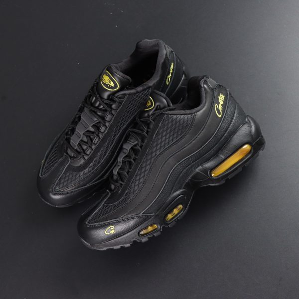 Top-down view of Air Max 95 Corteiz reps with neon laces and gradient panel fade