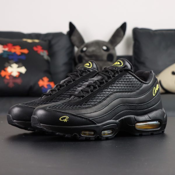 Side view of Air Max 95 Corteiz reps showing suede mesh layering and vivid yellow fade
