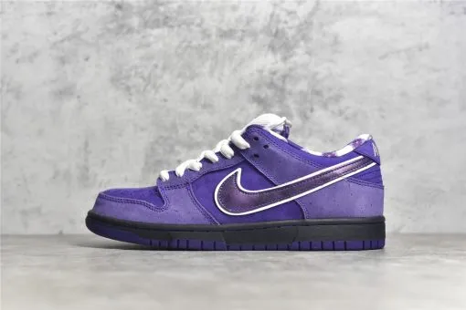 Purple Lobster Dunks Reps side profile showcasing suede upper and Swoosh on black sole